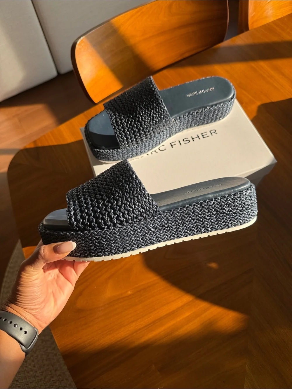 Marc Fisher Dark Blue Woven Platform Slide Sandals